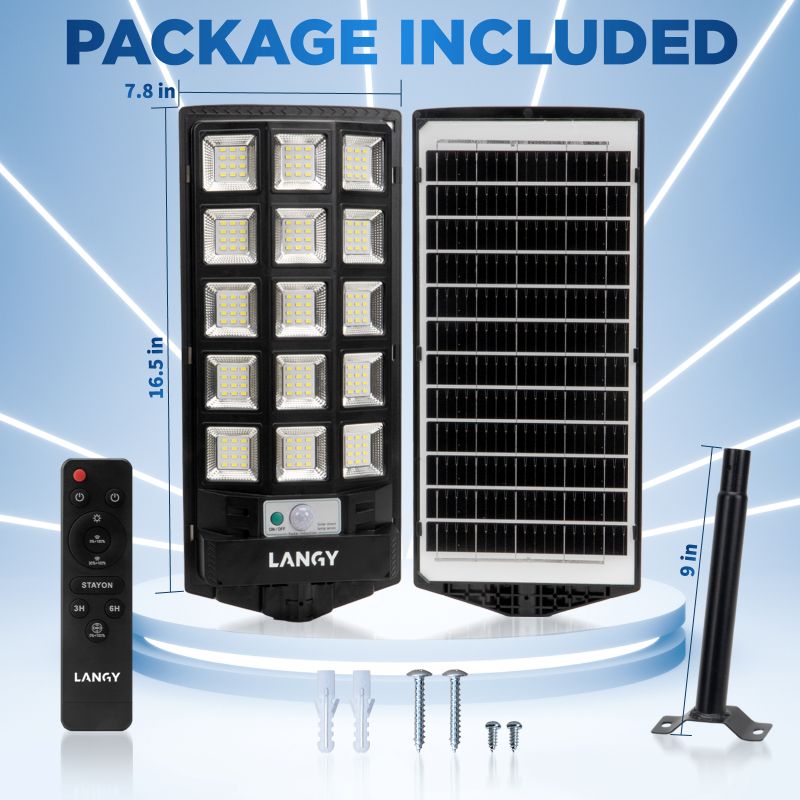 Load image into Gallery viewer, Solar light package with lamp, solar panel, remote control, and mounting hardware on a blue background.
