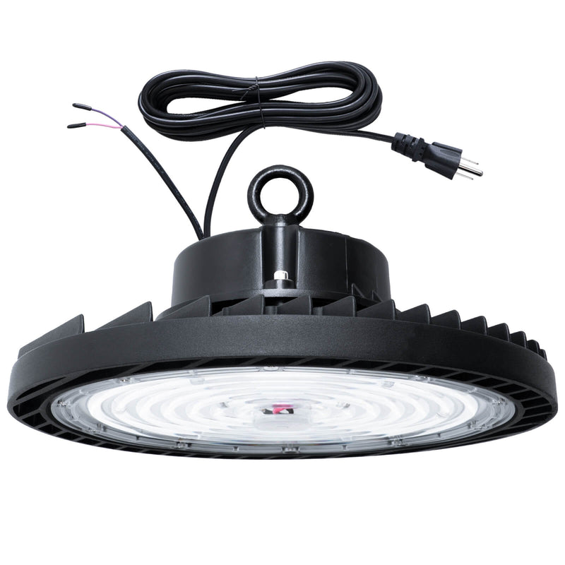Load image into Gallery viewer, A black UFO high bay LED light with a wire and plug, designed for industrial or commercial use.
