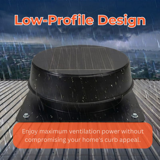 Black roof vent with raindrops on a cityscape background, emphasizing low-profile design.