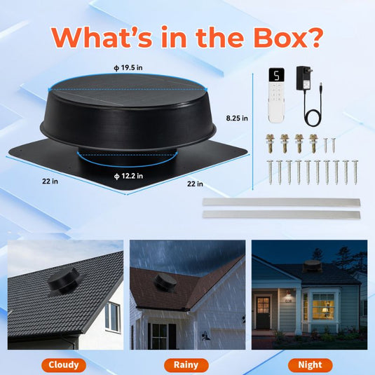 Roof vent packaging with product and installation images on a blue background