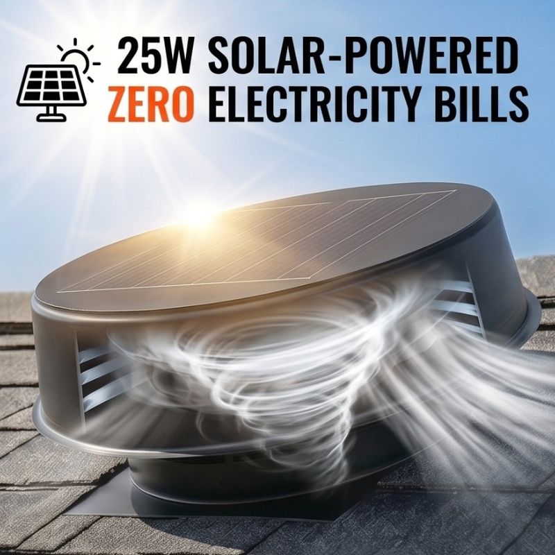 Load image into Gallery viewer, Solar-powered attic fan with text '25W Solar-Powered Zero Electricity Bills' on a clear sky background.
