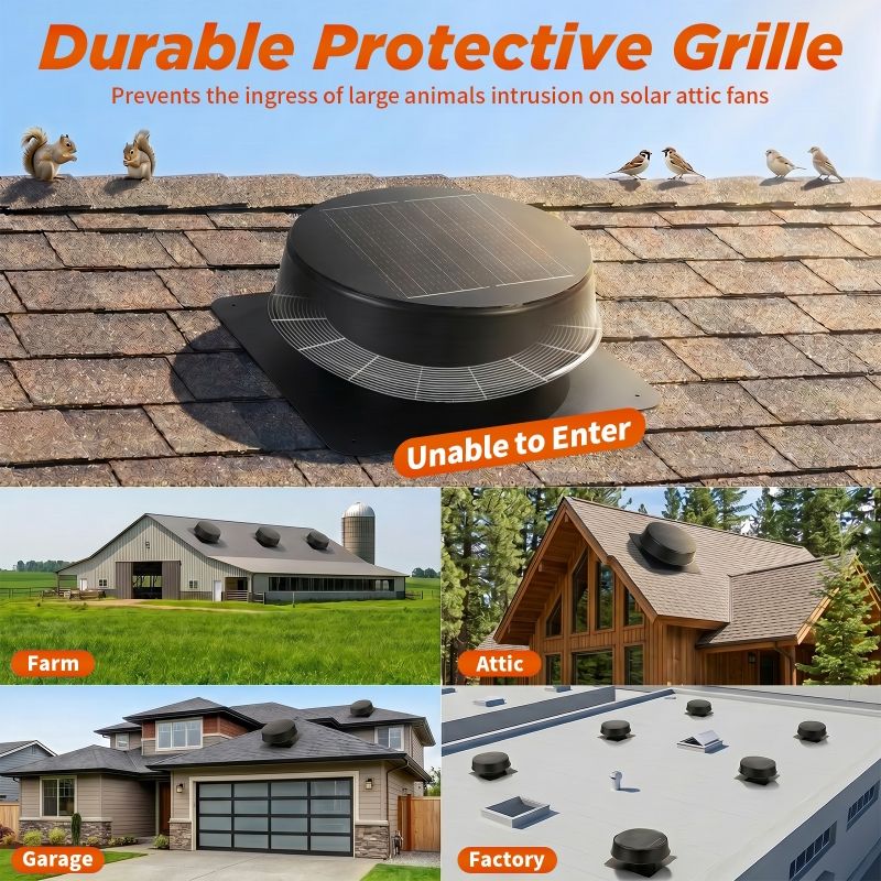 Load image into Gallery viewer, Durable protective grille for solar attic fans on a roof with text explaining its function.
